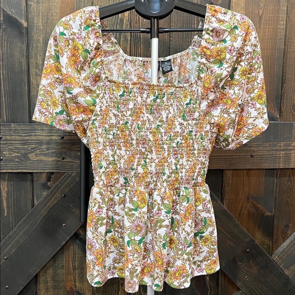 Kristin Nicole Floral Smocked Top 2X Puff Babydoll Y2K Boho Romantic Cottagecore
